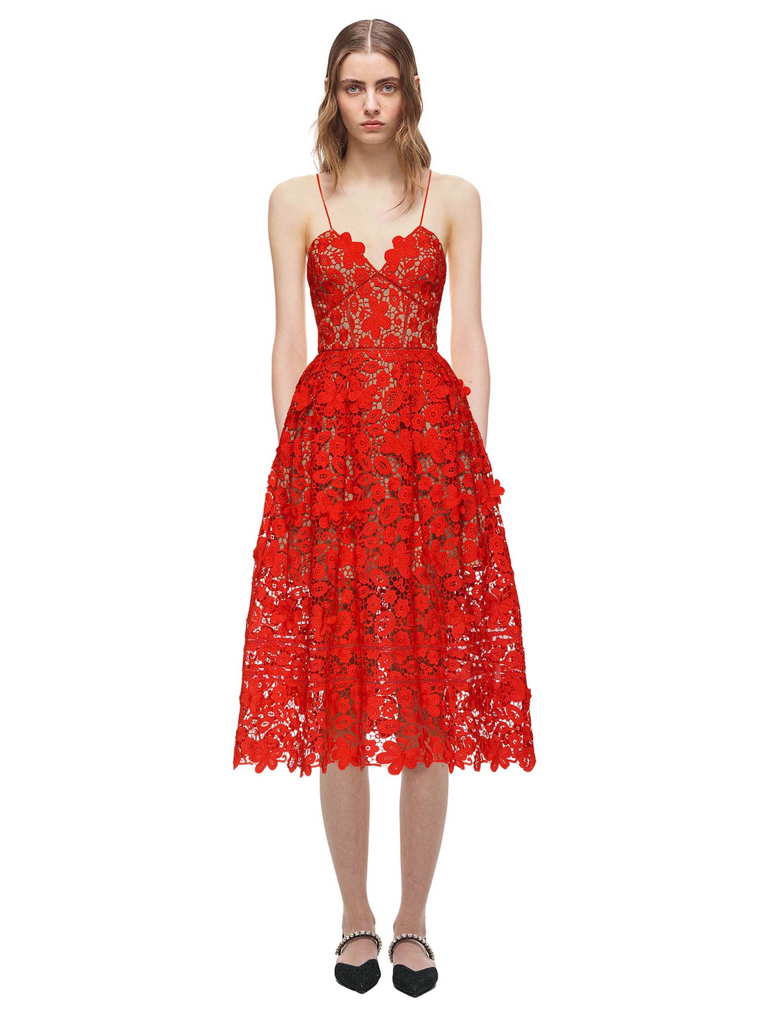3D Floral Lace Midi Dress in Tomato Red ...
